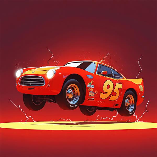 لایتنینگ مک‌کوئین: تصویر ماشین مسابقه‌ای قرمز (سبک قدیمی) در حال پرش با برق و رعد و برق