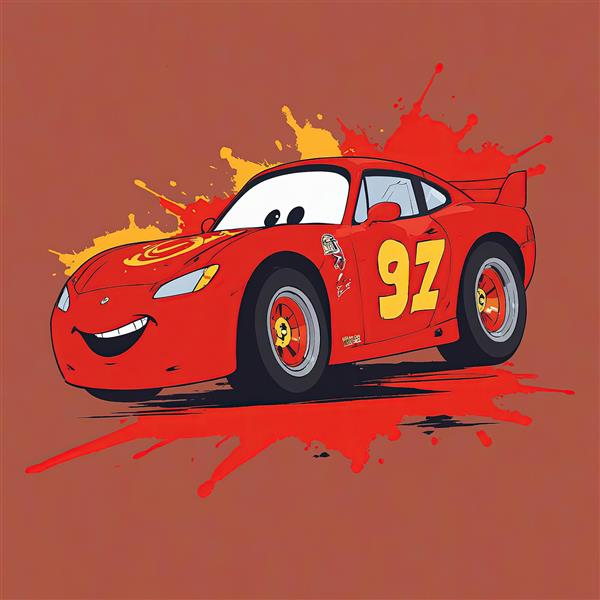 لایتنینگ مک‌کوئین: تصویر ماشینی شماره ۹۷ (۹۵ شبیه) با افکت پاشش رنگ قرمز و زرد برای طراحی گرافیکی