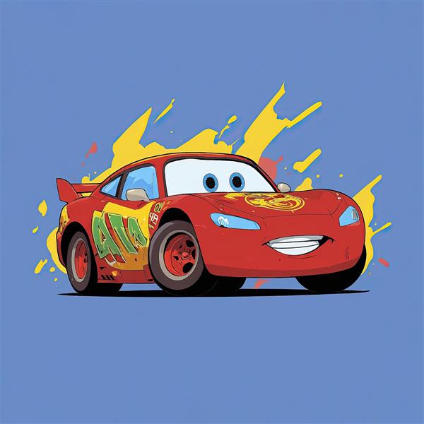 لایتنینگ مک‌کوئین: تصویر ماشینی کارتونی با افکت‌های گرافیتی و رنگی روی پلاک و بدنه برای پوستر