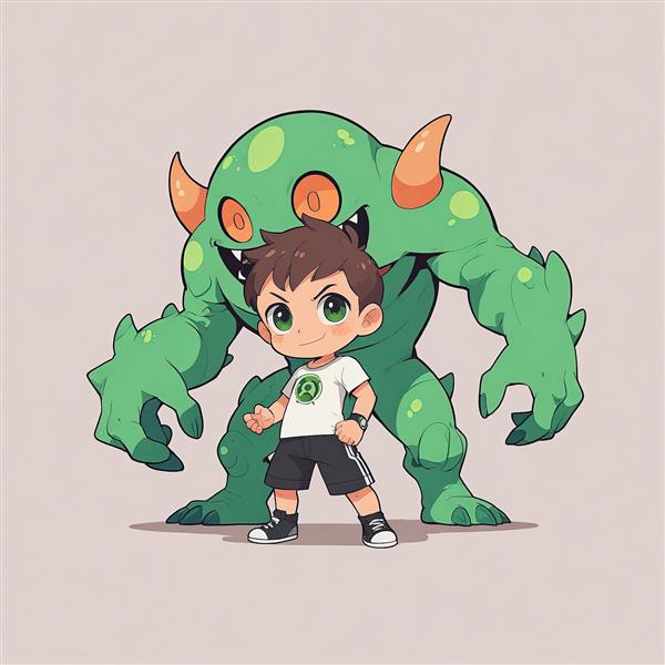 بن تن چیبی: تصویر بن تن با تی‌شرت سفید کنار هیولای بزرگ فضایی شاخدار و غول‌پیکر (چهار دست)