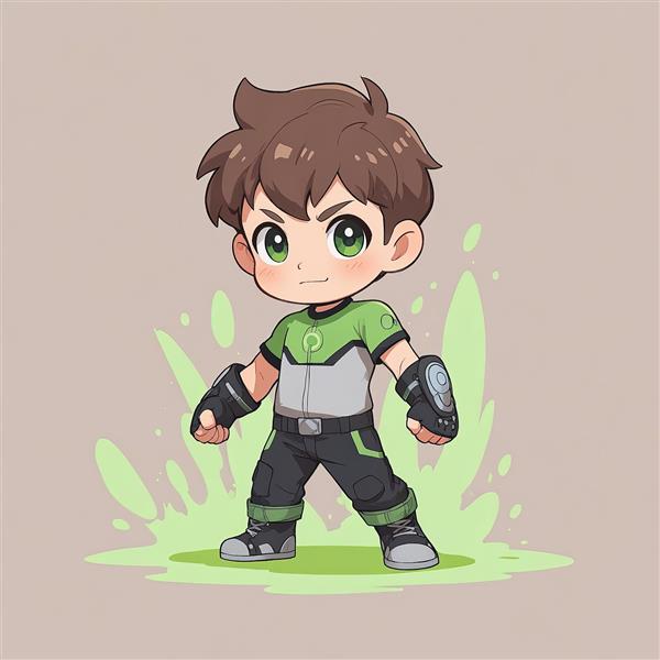 بن تن چیبی: تصویر اکشن بن با لباس سفید و سبز در حالت آماده با پس‌زمینه افکت سبز (اسلایم)