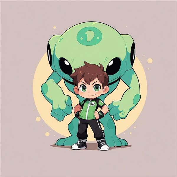 بن تن چیبی: تصویر ایستاده بنجامین در کنار موجود فضایی قورباغه‌مانند سبز (هیو منگس) برای پوستر