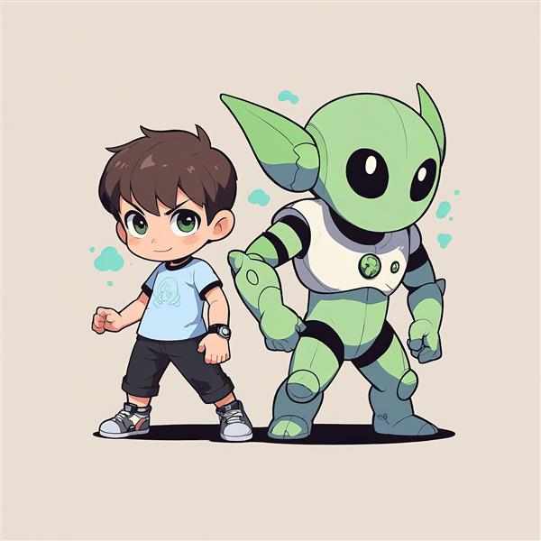 بن تن چیبی: تصویر بن تن با تی‌شرت آبی ساده در کنار موجود فضایی رباتیک یا سایبورگی سبز برای پوستر