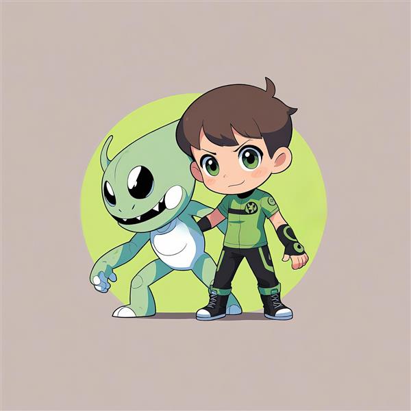 بن تن چیبی: تصویر بنجامین با لباس ارتشی (نظامی) در کنار هیولای بیگانه سبز رنگ (وایلد مات)