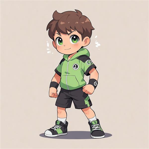 بن تن چیبی: تصویر بن تن نوجوان در هودی سبز و شلوارک مشکی با ساعت امنیتریکس