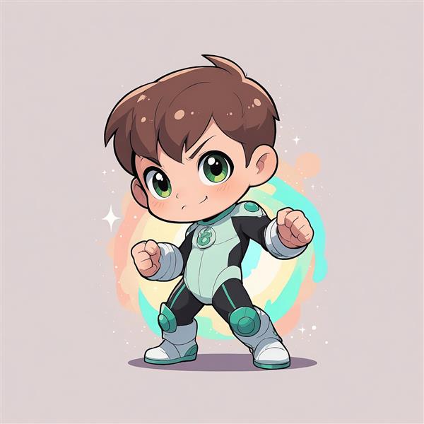 بن تن چیبی: تصویر اکشن بن تن با لباس فضایی سفید و سبز در حالت مبارزه با افکت‌های رنگی