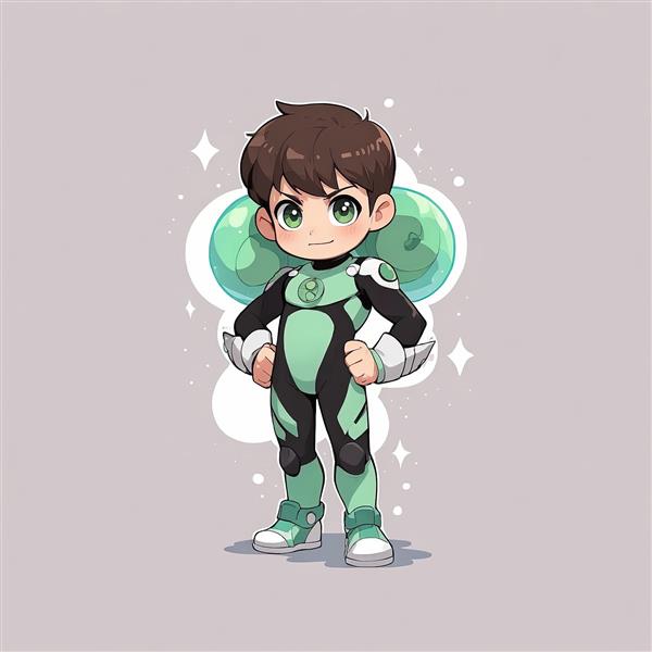 بن تن چیبی: تصویر بن تن در لباس فضانوردی سبز و مشکی با بال‌های حباب‌شکل (جت‌ری) برای چاپ عریض