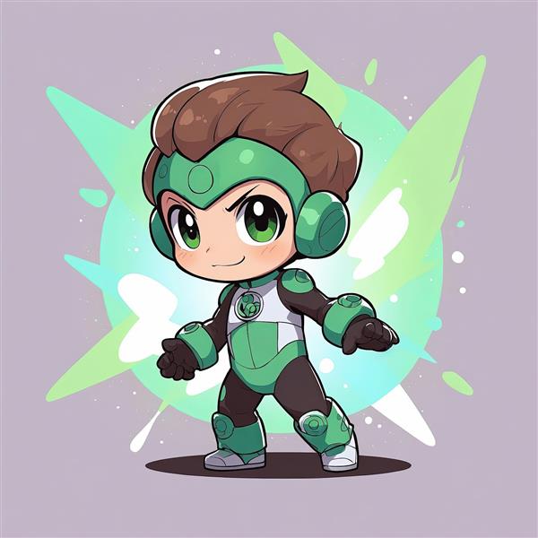 بن تن چیبی: تصویر تمام‌قد بنجامین در زره سبز کلاهدار و ماسک ابرقهرمانی با انرژی انفجاری