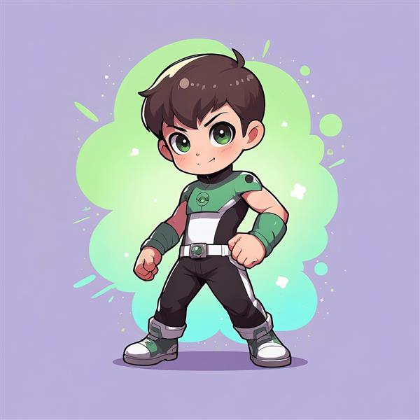 بن تن چیبی: تصویر قهرمان بن با لباس مشکی و سفید ابرقهرمانی فضایی برای چاپ تابلوی دکوراتیو