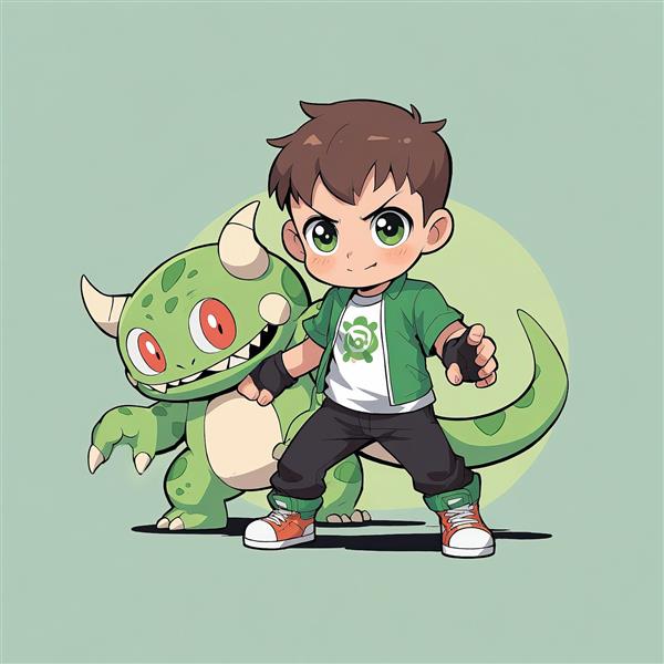 بن تن چیبی: تصویر اکشن بن و موجود فضایی اژدها شکل (موجودات امنیتریکس) با پس‌زمینه سبز