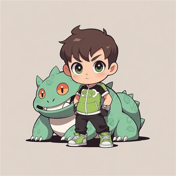 بن تن چیبی: تصویر تمام‌قد بنجامین در کنار هیولای سبز فضایی عظیم‌الجثه برای طراحی گرافیکی