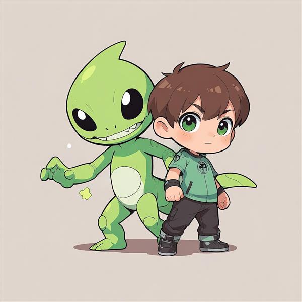 بن تنیسون و گوپ (بیگ بوی) چيبی با لباس سبز و هیولای مارمولکی وکتور