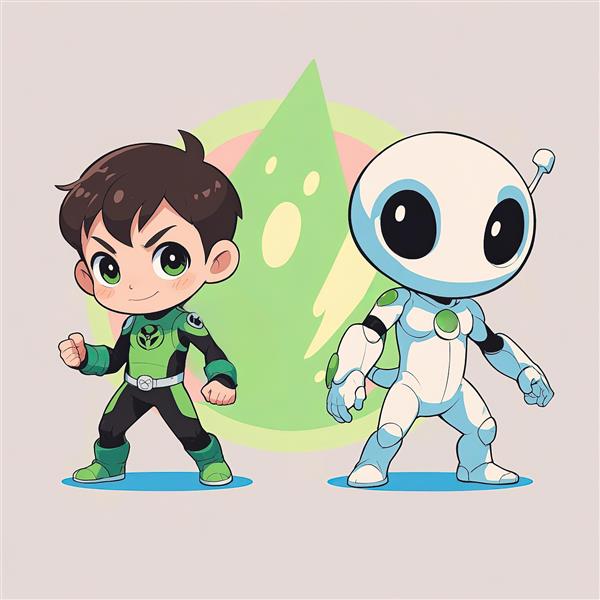 بن تنیسون چيبی و بیگ چیل با لباس سبز و فضایی تصویر وکتور دو نفره