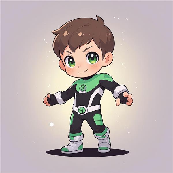 بن تنیسون چيبی با لباس کلاسیک ابرقهرمانی سبز مشکی وکتور تابان