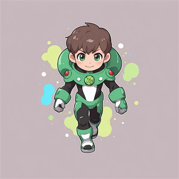 بن تنیسون ابرقهرمانی چيبی با لباس فضایی سبز وکتور پرش در فضا