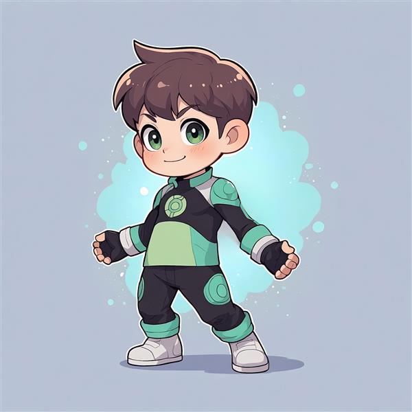 بن تنیسون کودک / بن 10 / تصویرسازی شخصیت کودکانه / بن تن چیبی در لباس سیاه، سبز و فیروزه‌ای با دستکش‌های سفید، ایستاده و خندان، پس‌زمینه آبی روشن با هاله‌ای از انرژی