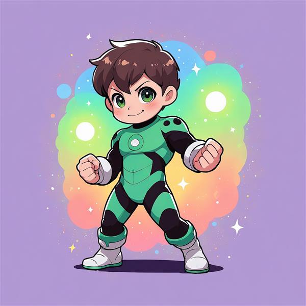 بن 10 لباس فضایی / بن تن / تصویرسازی رنگارنگ فانتزی / بن تن در لباس فضایی سبز تیره و مشکی در حالت قدرت، پس‌زمینه رنگین‌کمانی از ابر و ستاره‌های درخشان و پر انرژی