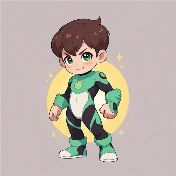 بن تن ابرقهرمان / بن 10 / تصویرسازی کمیک / بن تن چیبی با لباس کامل سیاه و سبز و دستکش‌های بزرگ، ایستاده در وضعیت قدرت، پس‌زمینه دایره‌ای بزرگ زرد با نورهای ستاره‌ای