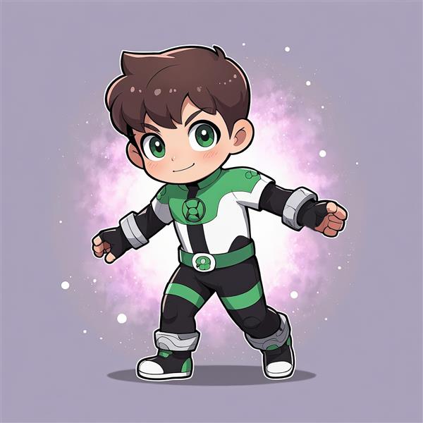 بن تنیسون لباس کلاسیک / بن 10 / تصویرسازی چیبی / بن تن در لباس کلاسیک سفید، سبز و مشکی در حال راه رفتن، با پس‌زمینه بنفش ملایم و ذرات نورانی و درخشش فانتزی