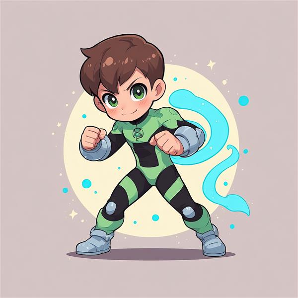 بن 10 پسر قهرمان / بن تن / نقاشی دیجیتال چیبی / بن تن با لباس سبز و سیاه در حالتی آماده برای مبارزه، با افکت انرژی آبی موجی و ذرات نورانی بر پس‌زمینه دایره‌ای زرد روشن