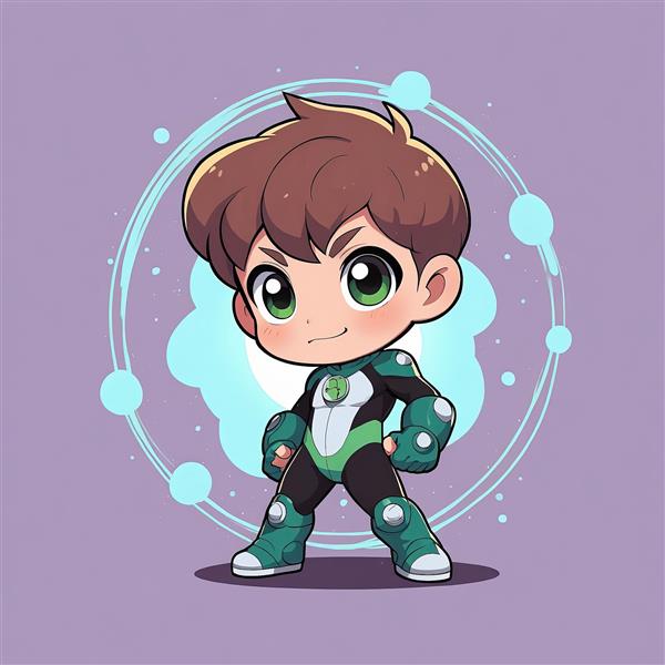 بن تن در حال مبارزه / بن 10 / تصویرسازی گرافیکی / بن تن چیبی با لباس سیاه و سبز در حالت مبارزه و مشت گره کرده، احاطه شده با هاله‌ای از انرژی آبی و دایره‌ای فیزیکی بر پس‌زمینه بنفش