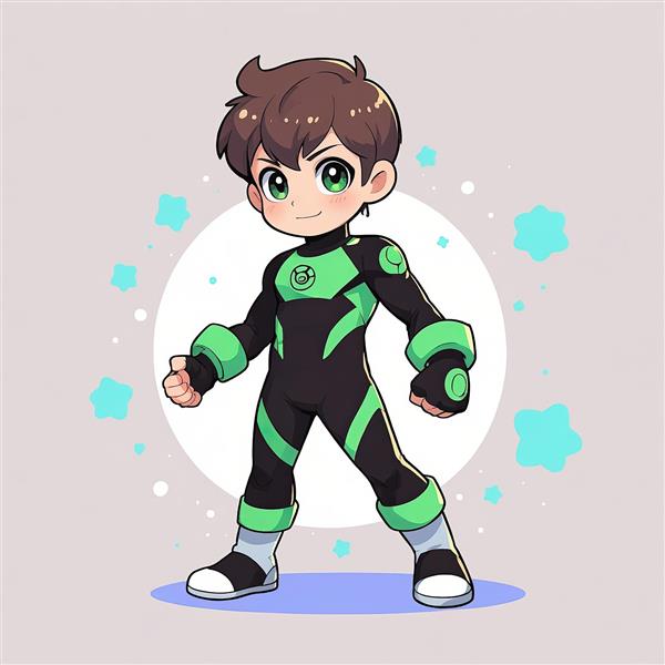 بن تنیسون 10 / بن 10 / تصویرسازی استیکر کارتونی / بن تن چیبی با لباس تمام مشکی و خطوط نئونی سبز، ایستاده با لبخند در مرکز دایره‌ای سفید و ستاره‌های آبی روشن