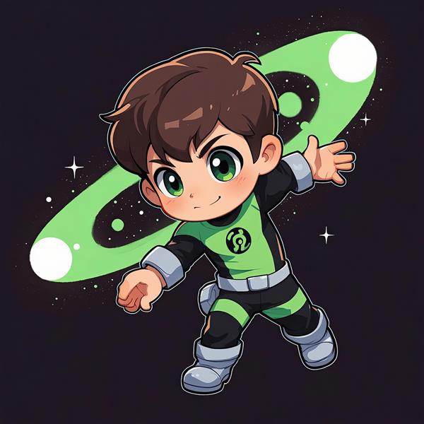 بن 10 نیروی بیگانه / بن تن / تصویرسازی وکتور / بن تن چیبی با لباس سیاه و سبز و کمربند در حال حرکت، پس‌زمینه کهکشانی تاریک با حلقه‌ای سبز سیاره‌ای و ستاره‌های سفید