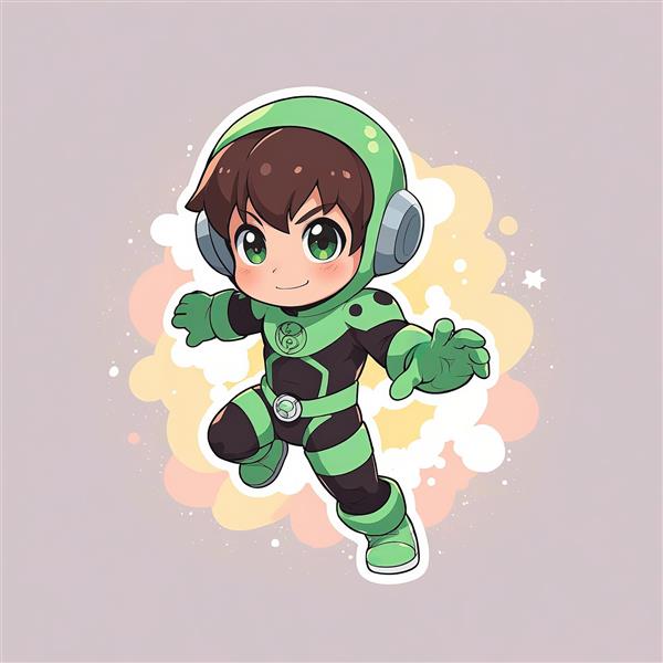 بن تن 10 / بن تن / تصویرسازی دیجیتال چیبی / تصویرسازی شخصیت بن تن در لباس فضایی سبز و مشکی با کلاه و هدفون در حال پرش، پس‌زمینه رنگارنگ فانتزی