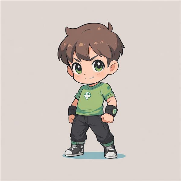 وکتور بن تنیسون با استایل کژوال، پیراهن سبز و شلوار مشکی، طرح چیبی برای پوستر و محصولات چاپی