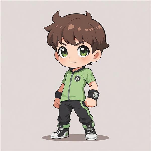 ایلاستریشن بن تن با پیراهن پولو سبز، وکتور چیبی با دستکش مشکی و ساعت، طراحی باکیفیت