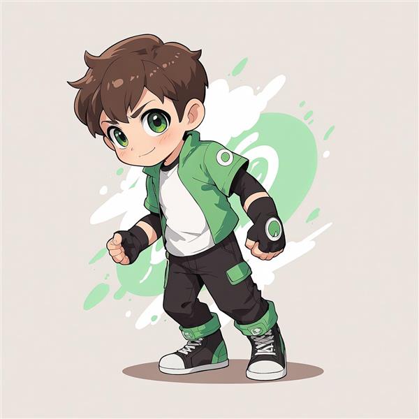 بن تنیسون با ژاکت سبز، تصویر فانتزی چیبی با پس‌زمینه اسپری رنگ، طرح وکتور متحرک