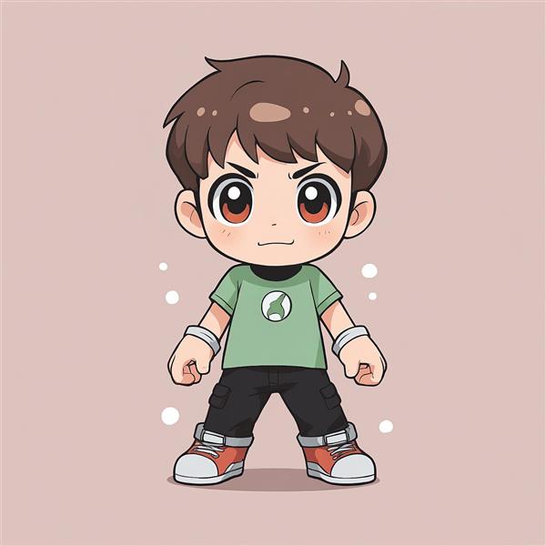 بن تنیسون در پوز اکشن و آماده، طرح کارتونی چیبی، پیراهن سبز و شلوار مشکی، مناسب چاپ عریض