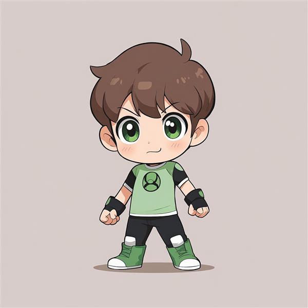 وکتور بن تن با لباس سبز و محافظ دست، طرح چیبی کاوایی کاراکتر انیمیشنی برای پوستر دیواری