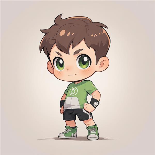 تصویر فانتزی بن تنیسون با چشم‌های سبز در استایل چیبی، وکتور کاراکتر قهرمان با پیراهن علامت‌دار