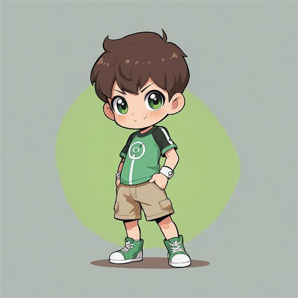 طرح وکتور بن تن با شورت کارگو و آمنیتریکس، ایلاستریشن چیبی از کاراکتر قهرمان، با پس‌زمینه رنگی