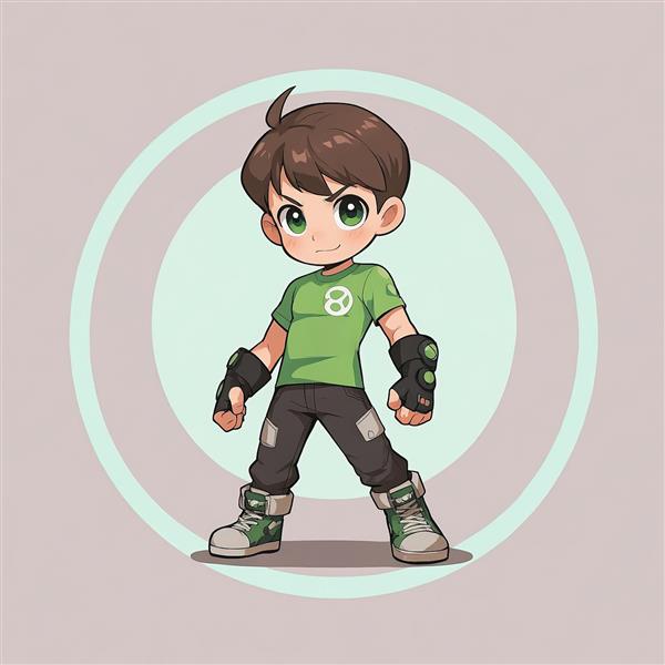 بن تنیسون با آمنیتریکس، کاراکتر قهرمان انیمیشنی در لباس سبز وکتور چیبی، مناسب چاپ تابلو