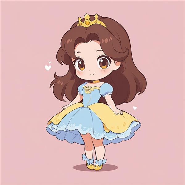 تصویر بل با بلوز آبی و دامن آبی ، پیراهن کلاسیک شاهزاده دیزنی، طراحی انیمیشنی وکتور چیبی