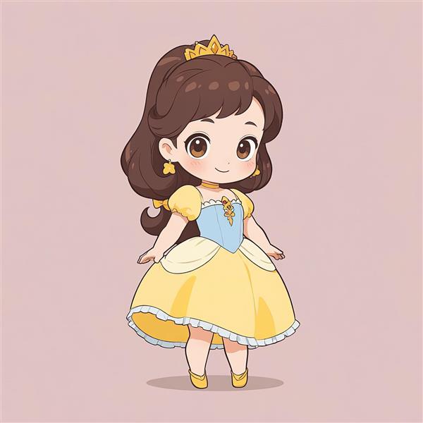ایلاستریشن بل با موهای بسته و تاج روی تل، شاهزاده دیزنی، لباس زرد با گنجه طلایی، سبک چیبی