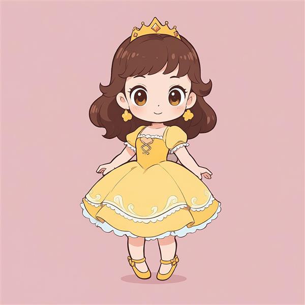 وکتور بل با پیراهن زرد توری و تاج، طرح کاراکتر انیمیشن دیو و دلبر در سبک چیبی، برای چاپ تابلو