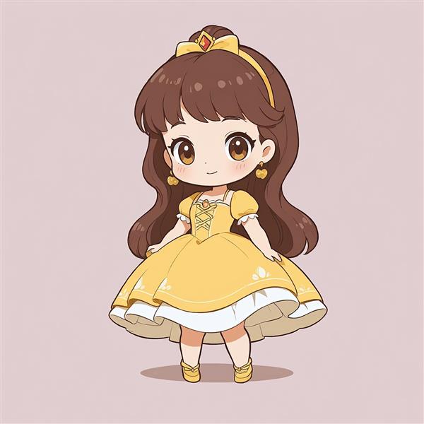 ایلاستریشن بل با موهای بلند و تاج روی تل، شاهزاده دیزنی، لباس زرد با گنجه طلایی، سبک چیبی