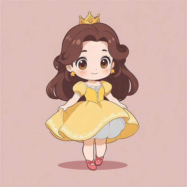 تصویر بل با تاج طلایی و موهای پرپشت قهوه‌ای، طرح انیمیشنی چیبی با پس‌زمینه ساده، لباس زرد