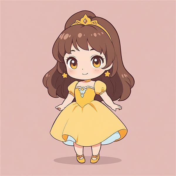 ایلاستریشن بل در سبک کاوایی، پیراهن زرد و دم اسبی، کاراکتر شاهزاده دیزنی مناسب چاپ عریض