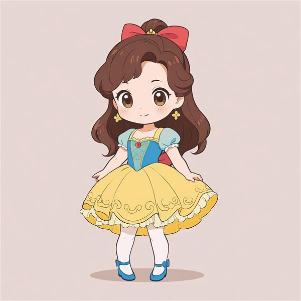 تصویر کارتونی بل با پیراهن زرد و بالاتنه آبی شبیه سفید برفی، استایل چیبی، تصویر دکوراتیو دخترانه