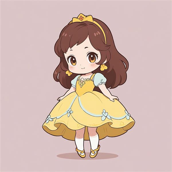 طرح وکتور بل در استایل چیبی، شاهزاده خانم دیزنی با پیراهن زرد و تل تاج‌دار، برای چاپ پوستر
