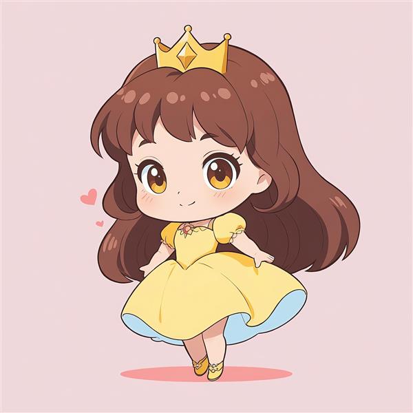 پرنسس چیبی بل (دیو و دلبر) با موی قهوه‌ای مجعد و لباس باله زرد طلایی، استایل کاوایی