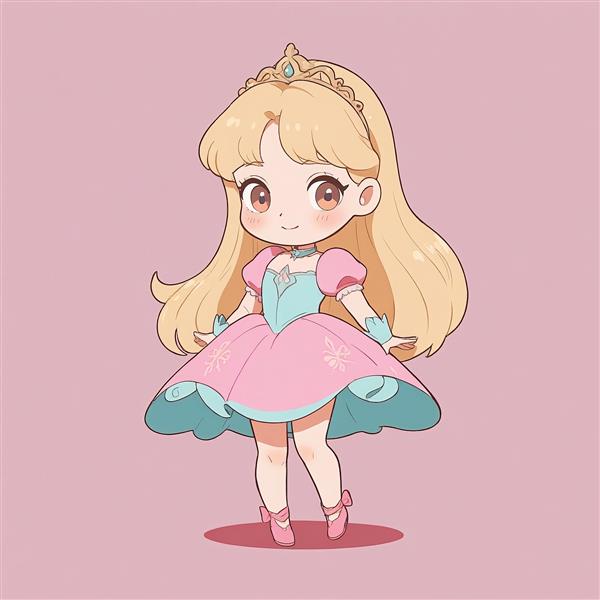 طرح انیمه چیبی پرنسس با لباس صورتی آبی فیروزه‌ای و تاج طلایی، وکتور کودکانه