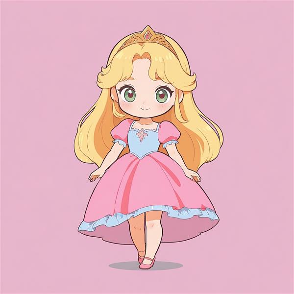 پرنسس چیبی مو طلایی با پیراهن صورتی و کارور آبی روشن، طرح ساده برای چاپ عریض