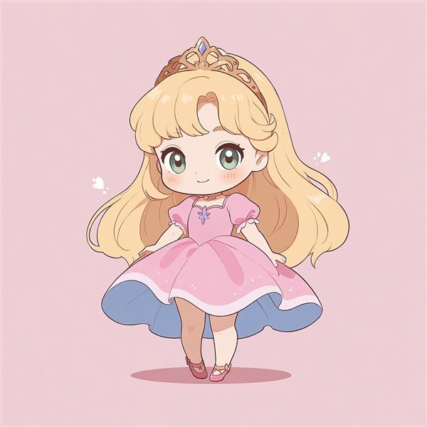 وکتور پرنسس چیبی بلوند در حال قدم زدن با لباس صورتی و زیردامن آبی، پس‌زمینه پاستلی