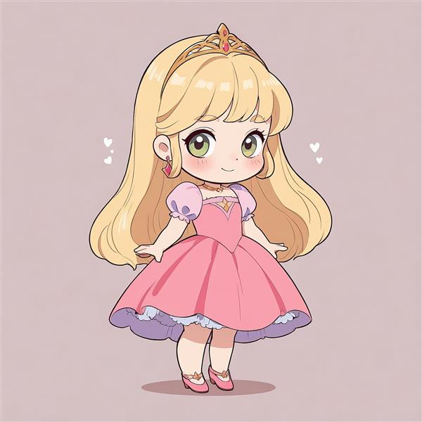 پرنسس چیبی با موی بلوند بلند، لباس صورتی براق و چشم‌های درشت، مناسب پوستر کودک