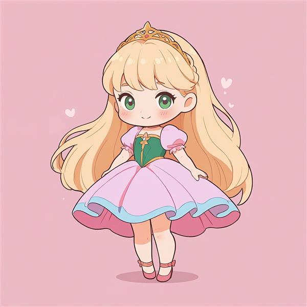 پرنسس چیبی بلوند با لباس دامن صورتی و نیم‌تنه سبز زمردی، طرح انیمه فانتزی